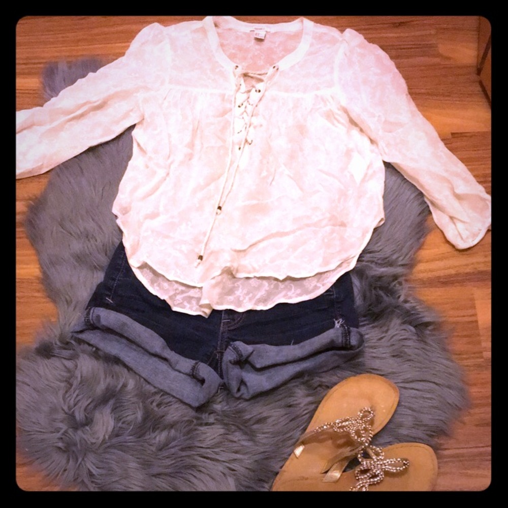 Sheer lace up blouse